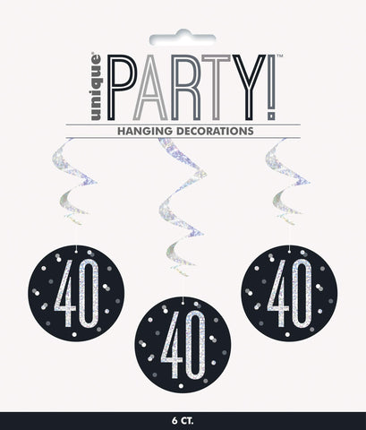 Unique 83786 Black Prismatic 40th Birthday Hanging Decorations,32" 6 Pcs, Age 40