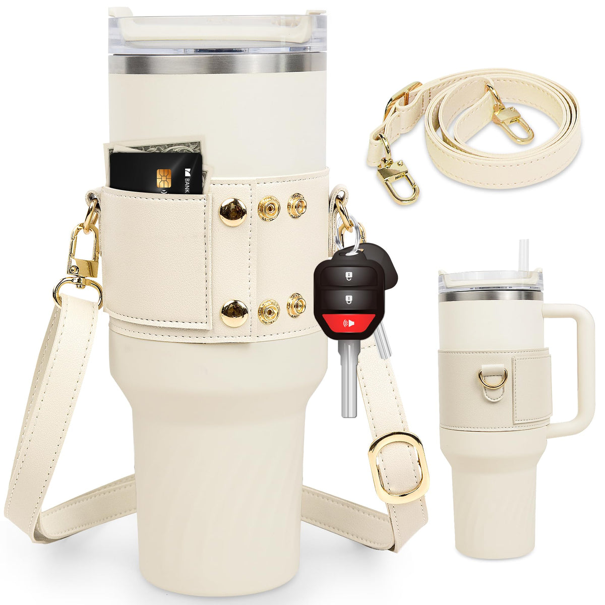 Water Bottle Holder with Strap, Compatible for Stanley 40 oz & 30 oz Tumbler with Handle, Water Bottle Carrier with Adjustable Strap, Card Holder, Keyring for Stanley Cup Accessories (Cream)