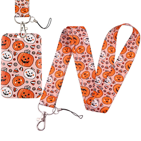Beemorita Pumpkin Lanyard ID Badge Holder Cute Keychain Lanyard for Women Girls Teachers Lovely Aesthetic Halloween Lanyard ID Card Holder as Gift for Kids(Pink & Orange)
