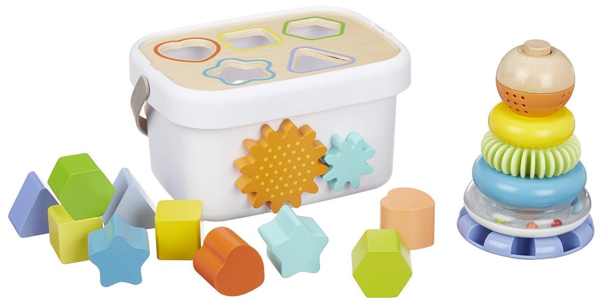 Amazon Basics Wooden Shape Sorter and Rainbow Stacker Classic Baby Toy Set, Medium, Multicolor