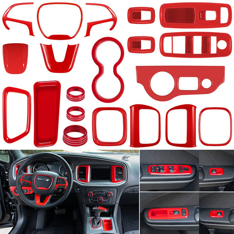 LAIKOU 20PCS Full Set Interior Accessories Trim Kit fit for Dodge Charger 2015-2024 | Headlight Window Lift Control Switches Gear Shift Cup Holder Air Conditioning Vent Outlets Covers (Red)