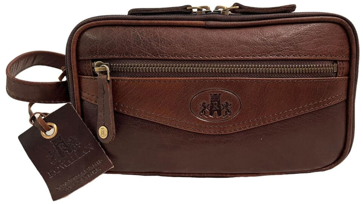 Rowallan Mens Structured Brown Leather Large Wash Travel Toiletry Bag Wet Pack