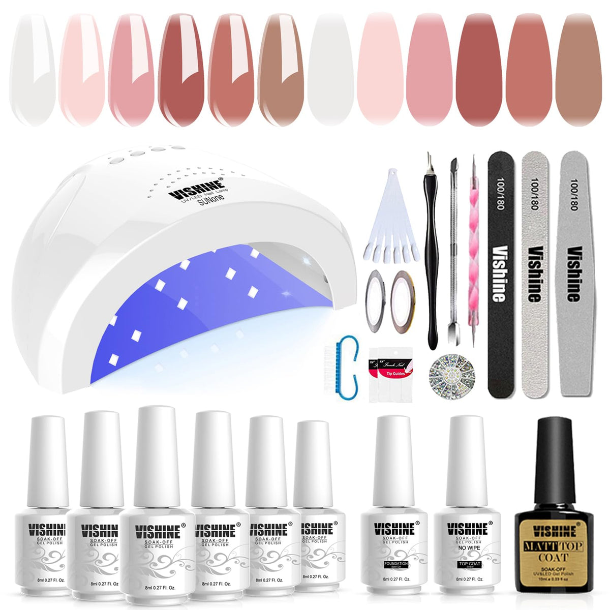 Vishine Gel Polish Starter Kit 48W LED UV Nail Dryer Curing Lamp Manicure Nail Tool Jelly Pink Milky White 6 Gel Color Set Base Top Coat Nail Art Gift Set C063