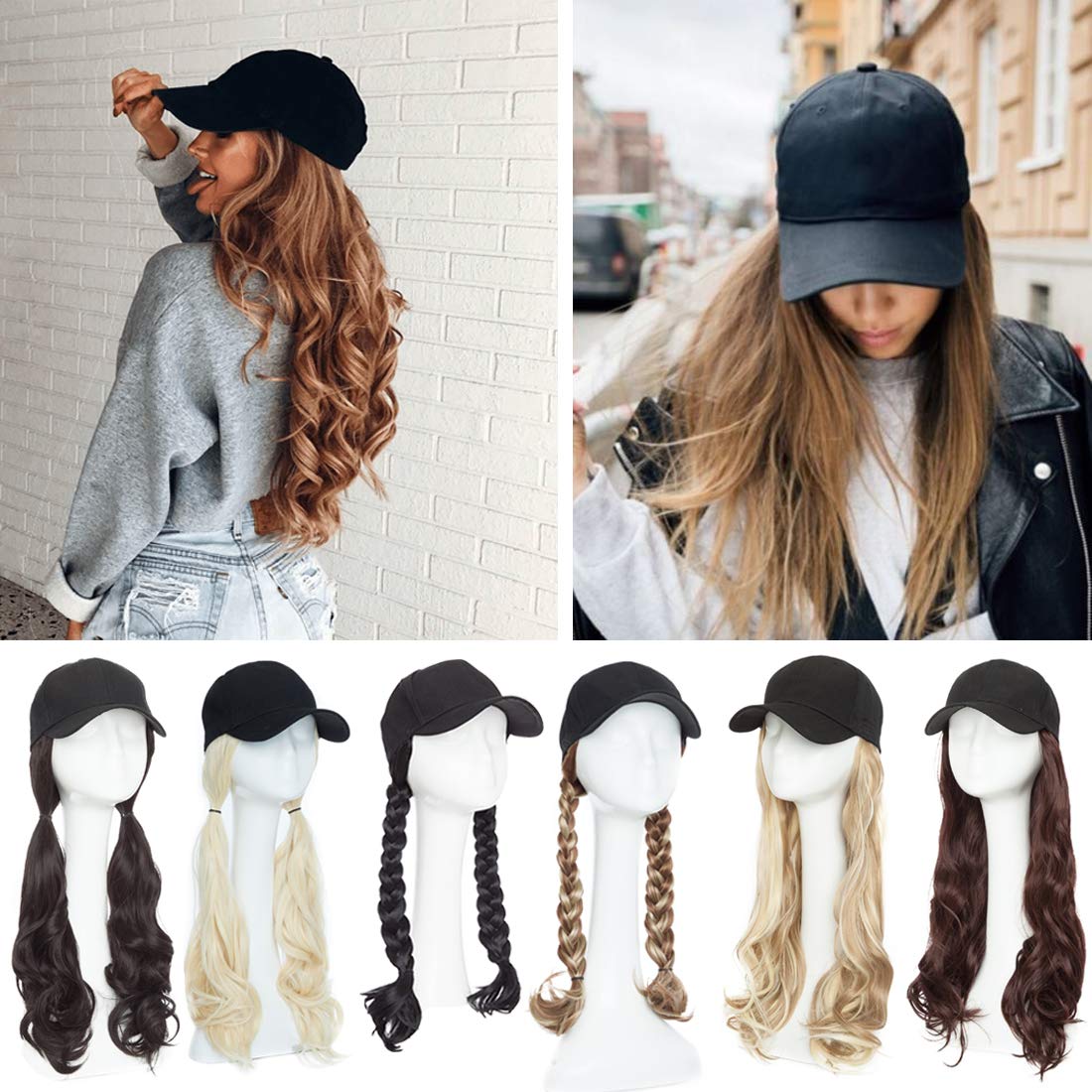 SEGO Baseball Cap with Hair Extensions for Women Adjustable Hat with Hair Attached Synthetic Long Wavy Wig with Black Hat Stylable for Pigtail Ponytail 16 Inch Dark Brown 290g