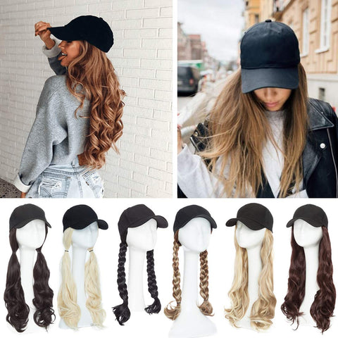 SEGO Baseball Cap with Hair Extensions for Women Adjustable Hat with Hair Attached Synthetic Long Wavy Wig with Black Hat Stylable for Pigtail Ponytail 16 Inch Dark Brown 290g