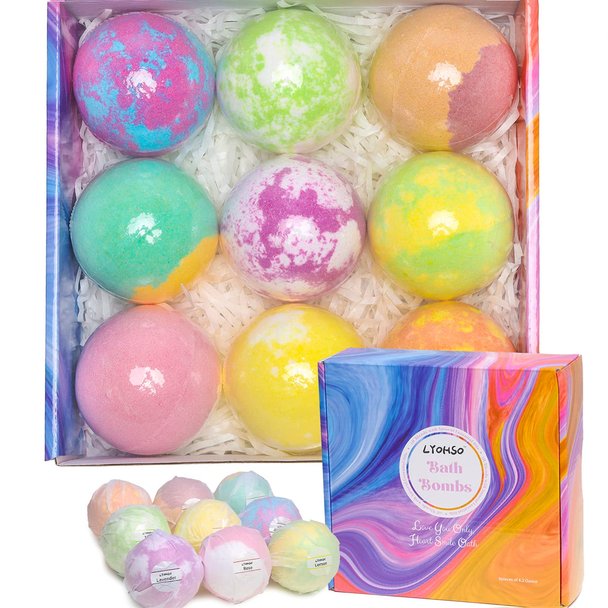 LYOHSO Bath Bombs Gift Set,9 Wonderful Bubble Fizzies,4.2 Ounce Large Size,Natural Essential Oils and Ingredients for Women and Men,Best Gift for Girlfriend,Boyfriend,Mom,Dad on Special Day