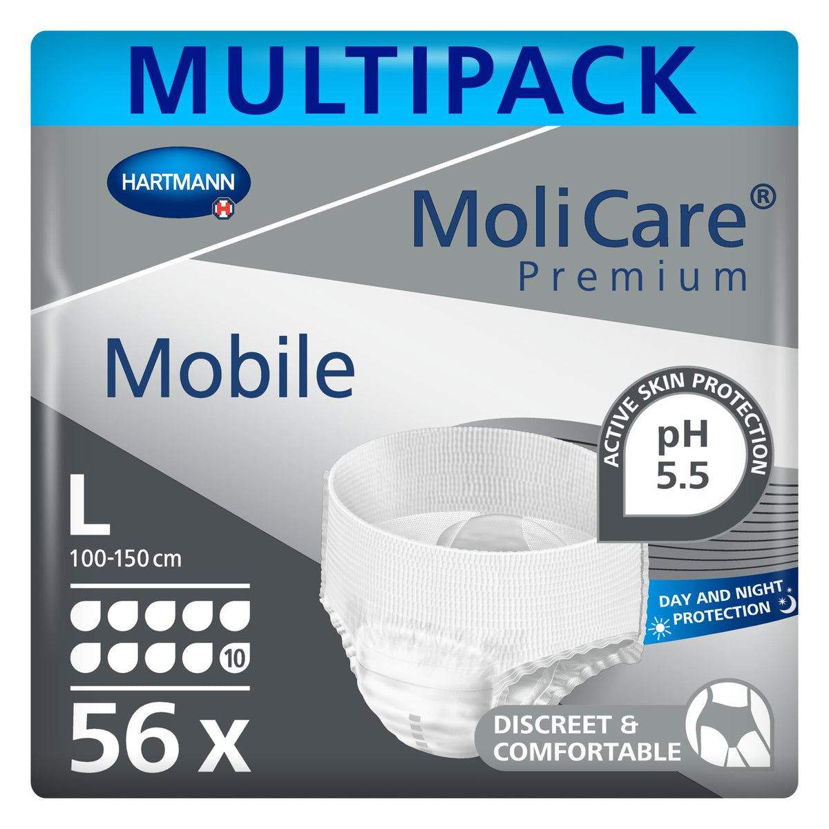MoliCare Premium Mobile Disposable Underwear: Discreet use for Woman and Men with Incontinence; 10 Drops, Size L, Pack of 56