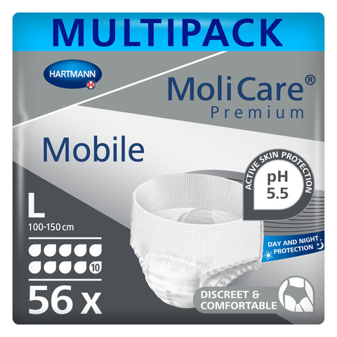 MoliCare Premium Mobile Disposable Underwear: Discreet use for Woman and Men with Incontinence; 10 Drops, Size L, Pack of 56