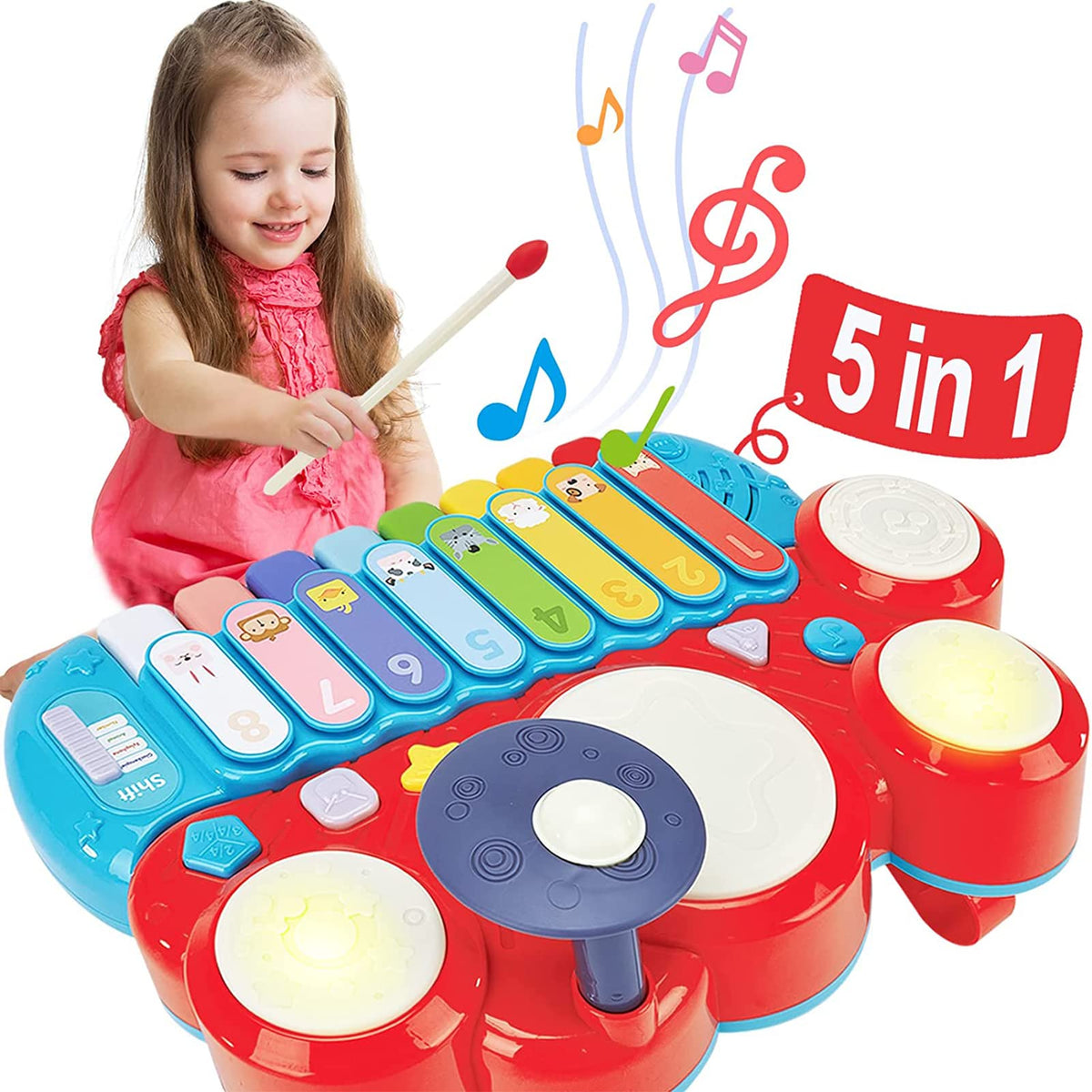 5 in 1 Baby Musical Instruments Toddler Toys for 1 Year Old Girls, Multi-Function Piano Drum Set Early Development & Activity Toys Baby Toys for 12 Months 2 3 4 5 6 Year Old Girls Boys Gifts
