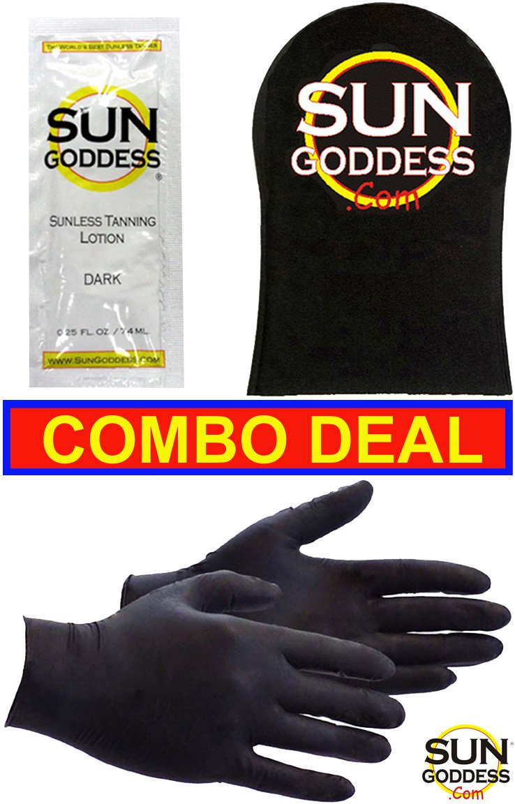 Sun Goddess - Best Combo Deal - Includes: 1 Sunless Self Tanner Lotion Sample + 1 Sunless Self Tan Applicator Mitt + 1 PAIR Sunless Self Tanning Application Gloves - Self Tanning Lotion Mitt Gloves