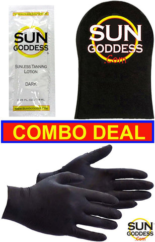 Sun Goddess - Best Combo Deal - Includes: 1 Sunless Self Tanner Lotion Sample + 1 Sunless Self Tan Applicator Mitt + 1 PAIR Sunless Self Tanning Application Gloves - Self Tanning Lotion Mitt Gloves