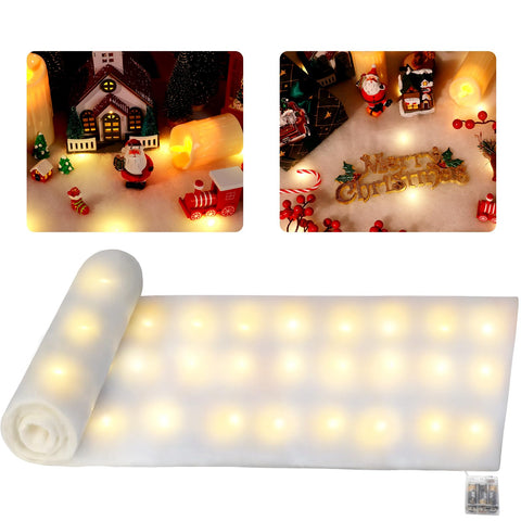hatisan 1 Set LED Christmas Fake Snow Blanket Roll with Lights, 70 x 17.7 Inches Artificial Snow Blanket with 50 LED Light Strings, Winter Decor for Christmas Trees Village Craft Indoor Outdoor