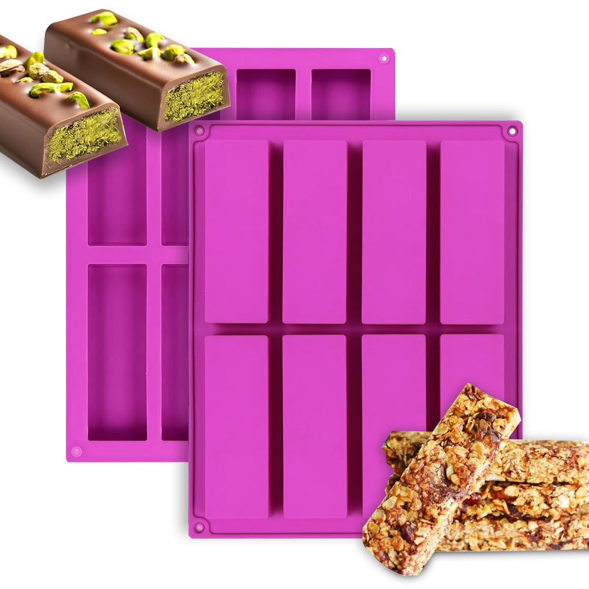 Muswelf 2PCS 8 Cavities Deep Chocolate Bar Mold, Silicone Chocolate Bar Mold, Candy Bar Mold, Granola Bar Mold for Chocolate Kunafa Pistachio Candy Granola Protein Energy Bar Baked Oat Homemade Snacks