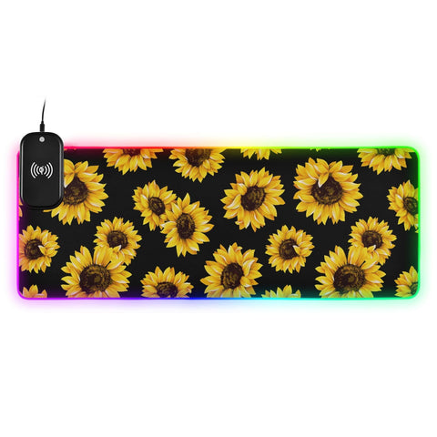 Beautiful Sunflowers in Black Background Wireless Charging Mouse Pad for Mobile Phone Extra Large Gaming Mousepad with 13 Lighting Modes Computer Mat for Office Home Gaming MacBook PC Laptop Desk