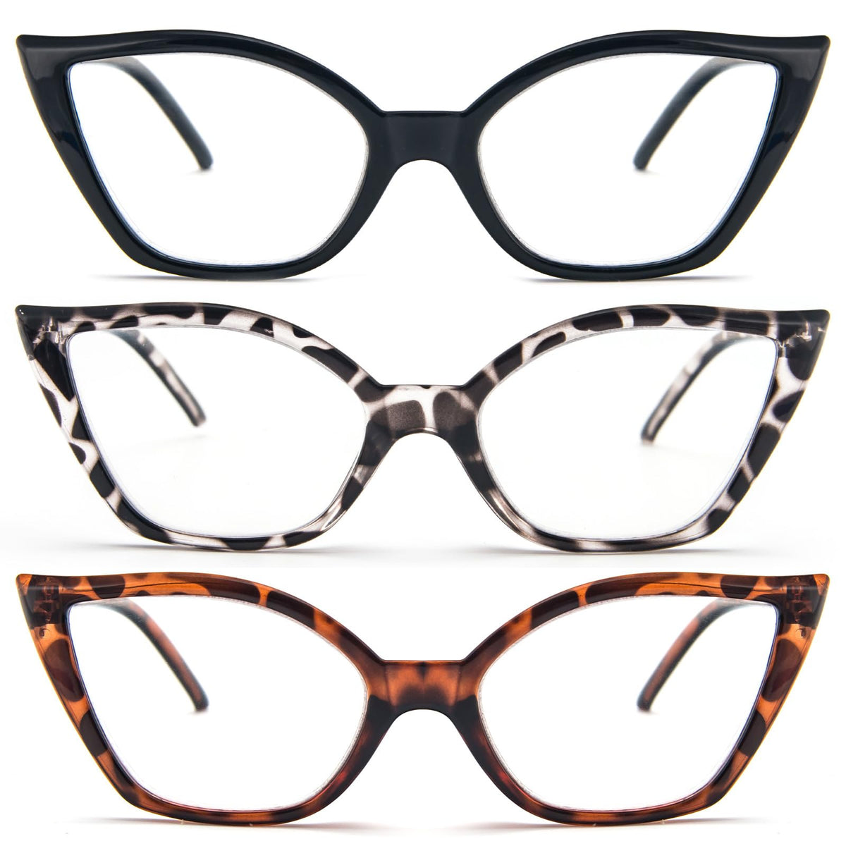MMOWW 3 Pack Reading Glasses Cat-Eye Readers Frame for Women, Fashion Blue Light Blocking Glasses with Spring Hinges +2.5