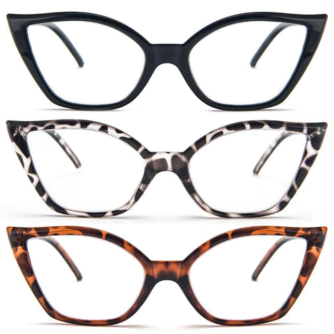 MMOWW 3 Pack Reading Glasses Cat-Eye Readers Frame for Women, Fashion Blue Light Blocking Glasses with Spring Hinges +2.5