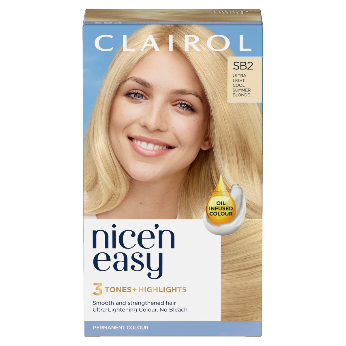 Clairol Nice'n Easy CrÃ¨me, Natural Looking Oil Infused Permanent Hair Dye, SB2 Ultra Light Cool Summer Blonde