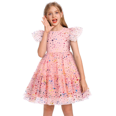 IDOPIP Flower Girls Sequin Rainbow Star Tutu Dress for Kids Baby Communion Birthday Party Wedding Dresses Toddler Princess Pageant Formal Baptism Ruffle Tulle Gowns Pink - Rainbow Stars 9-10 Years