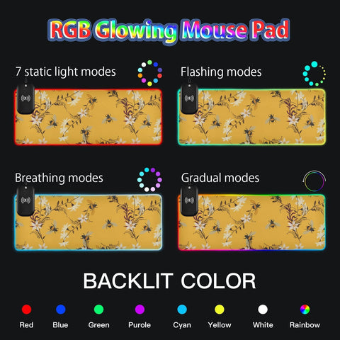 Bee Butterfly Flowers Wireless Charging Mouse Pad for Mobile Phone Extra Large Gaming Mousepad with 13 Lighting Modes Computer Mat for Office Home Gaming MacBook PC Laptop Desk