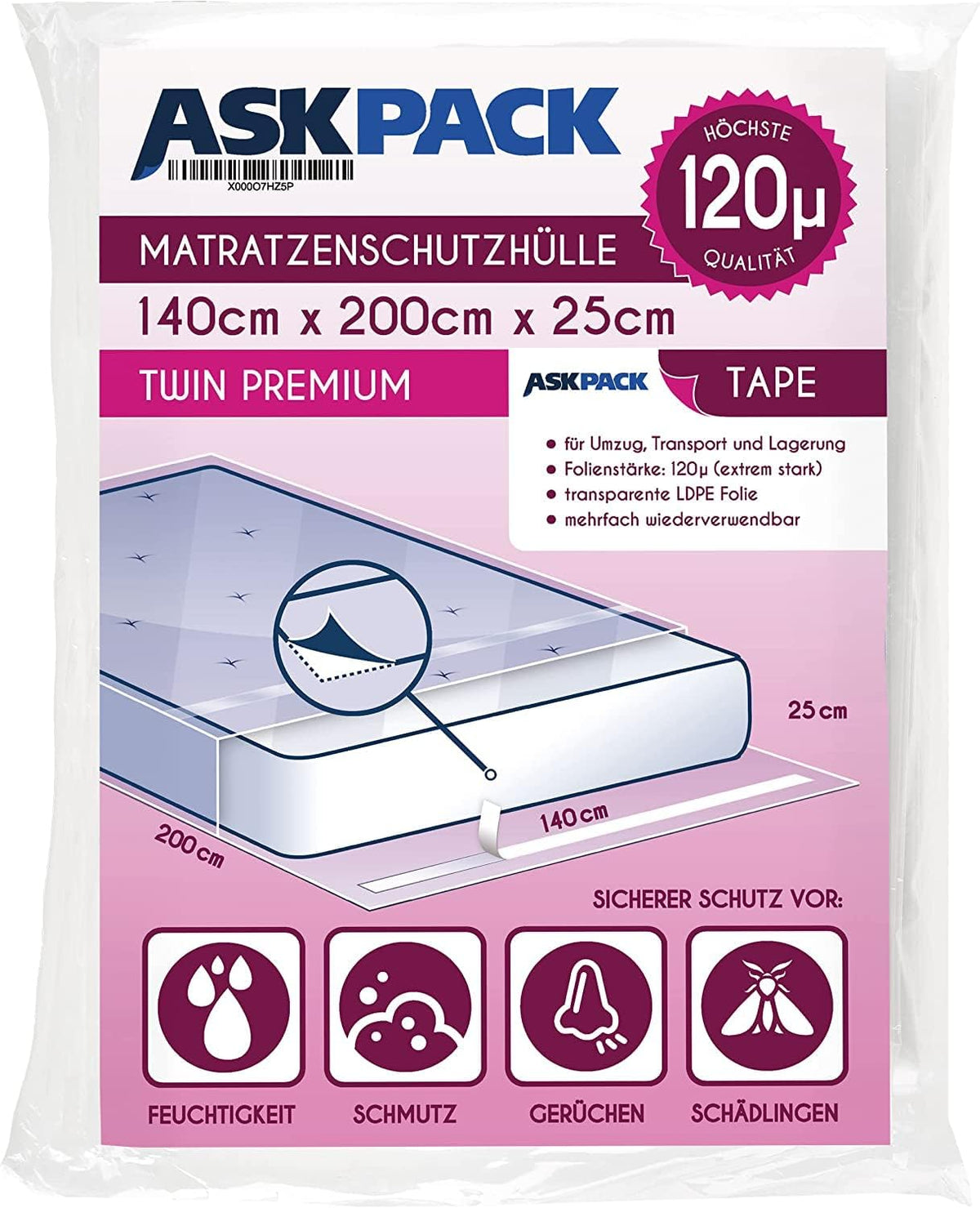 ASK Pack Mattress Protector Covers with Adhesive Closure, Sizes from XS to XXL, Ultra Strong Material up to 120 Micron Tear-Resistant, Reusable and Waterproof, Ideal for Transport (140 x 200 cm)