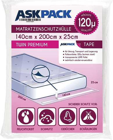 ASK Pack Mattress Protector Covers with Adhesive Closure, Sizes from XS to XXL, Ultra Strong Material up to 120 Micron Tear-Resistant, Reusable and Waterproof, Ideal for Transport (140 x 200 cm)