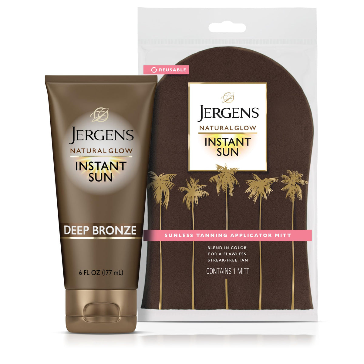Jergens Natural Glow Instant Sun Sunless Tanning Moisturizer + Bronzing Lotion and Mitt Set, Deep Bronze