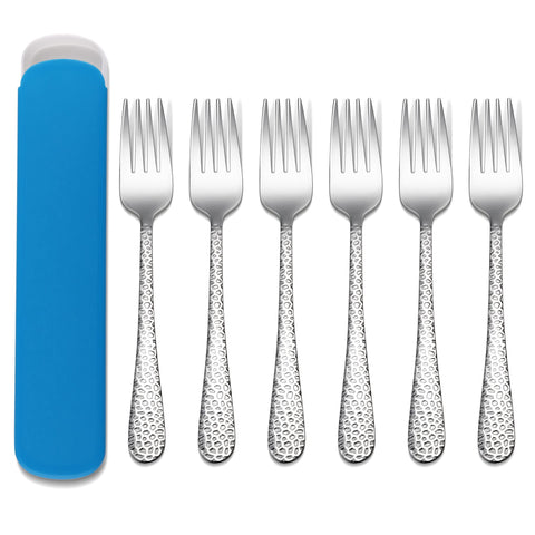 Kids Forks, Joyfair 6 Pieces Stainless Steel Toddler Fork Set, Cute Children Forks with Blue Case, Safe Kid Utensil for Self Feeding, Hammered Adult Look & Small Size, Rust Free & Dishwasher Safe