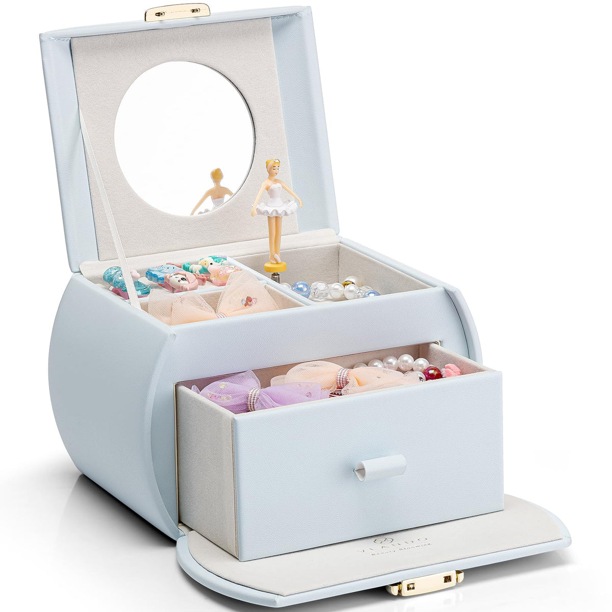 Vlando Music Box Jewellery Box Leather Jewellery Box Girls with Drawers Jewellery Box Children Ballerina Jewellery Box with Canon Melody, Gifts for Girls, Soft Blue
