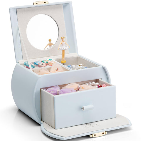 Vlando Music Box Jewellery Box Leather Jewellery Box Girls with Drawers Jewellery Box Children Ballerina Jewellery Box with Canon Melody, Gifts for Girls, Soft Blue