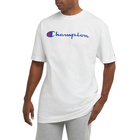 Champion, Classic Graphic, Soft and Comfortable T-Shirts for Men, Logo (Reg. or Big & Tall), White Script, Large
