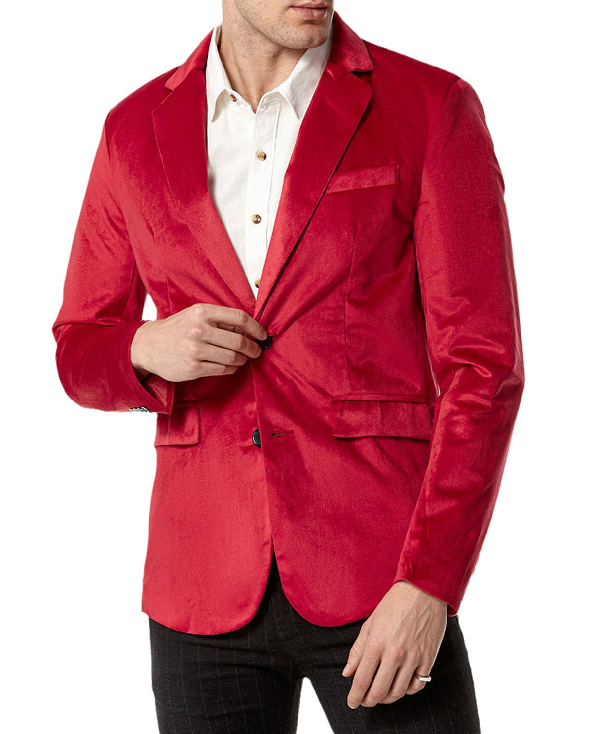 Men's Fashion Wedding Party Banquet Dress Blazer Suit Solid Color SingleBreasted Two Buttons Velvet Suit Coat red L