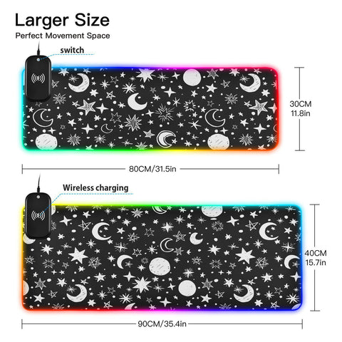 Doodle Stars Moon Wireless Charging Mouse Pad for Mobile Phone Extra Large Gaming Mousepad with 13 Lighting Modes Keyboard Mat for Gaming MacBook PC Laptop Desk Office Home
