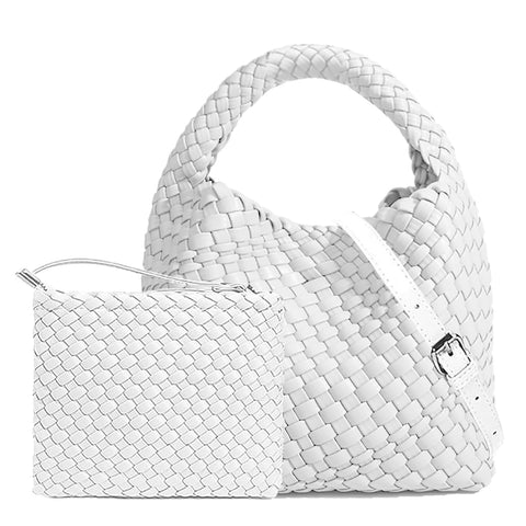 Handmade Woven Shoulder Bags for Women Cute Hobo Tote Handbag Mini Clutch Purse with Magnetic Buckle Crossbody Phone Bag, Pure White