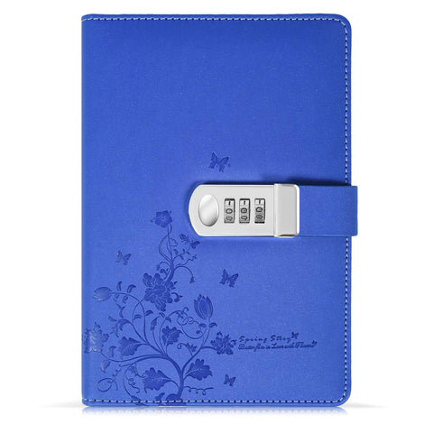 koboome A5 Creative Password Lock Journal PU Leather Combination Lock Diary Digital Password Notebook Locking Personal Diary (Blue 2)