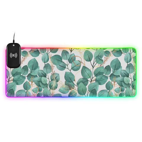Green Leaves Wireless Charging Mouse Pad for Mobile Phone Extra Large Gaming Mousepad with 13 Lighting Modes Extended Desk Mat for MacBook PC Laptop Desk Office Home Gaming