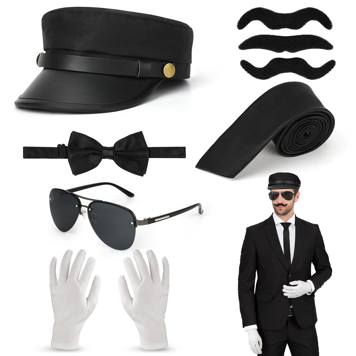 6PCS Chauffeur Costume Accessories Set, Chauffeur Driver Hat Sunglasses Mustache Bow Tie Hand Tie White Gloves, 1980s Novelty Limo Taxi Driver Fancy Dress for Adults Cosplay Hen/Stag Night Theme Party
