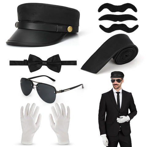 6PCS Chauffeur Costume Accessories Set, Chauffeur Driver Hat Sunglasses Mustache Bow Tie Hand Tie White Gloves, 1980s Novelty Limo Taxi Driver Fancy Dress for Adults Cosplay Hen/Stag Night Theme Party