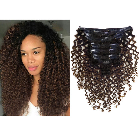 Lacer Jerry Curly Clip in Human Hair Extensions Real Remy 100% Brazilian Virgin Hair 120G Balayage Natural Black Fading into Dark Brown #1B/4 7 Pieces/Set 10-22 Inch (20 inch, Jerry Curly #1B/4)