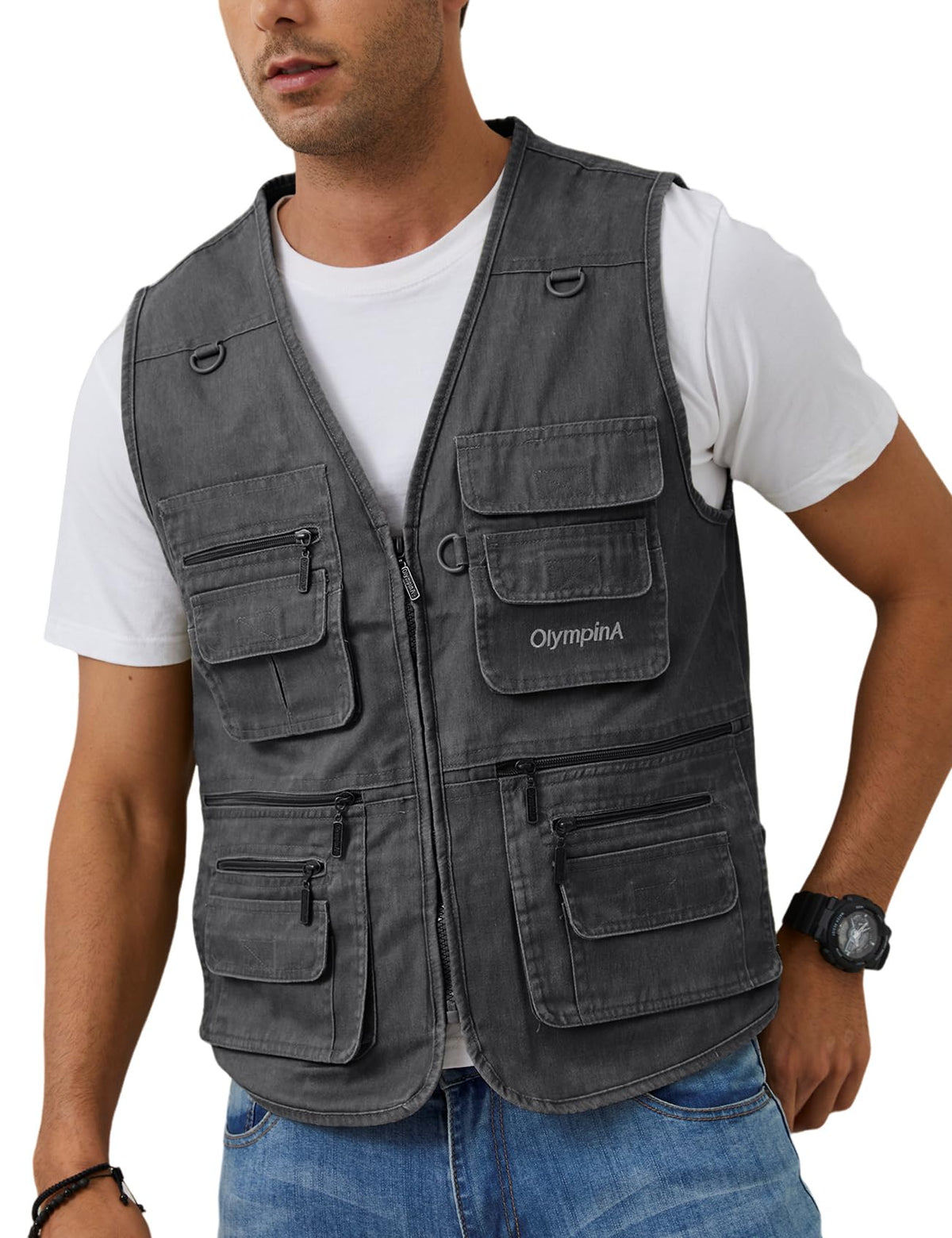 Gihuo Men's Fishing Vest Casual Utility Travel Safari Cargo Outdoor Work Photo Fly Vest Jacket with Multi Pockets (M, Grey)