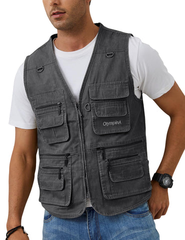 Gihuo Men's Fishing Vest Casual Utility Travel Safari Cargo Outdoor Work Photo Fly Vest Jacket with Multi Pockets (M, Grey)