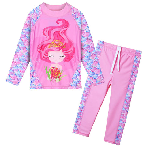 HUAANIUE Girls Kids 2-Piece Swimsuit Anti-UV UPF 50+ Kids Girls Long Swimwear 3-12 Years, s313-girl pink, 8-9 Years