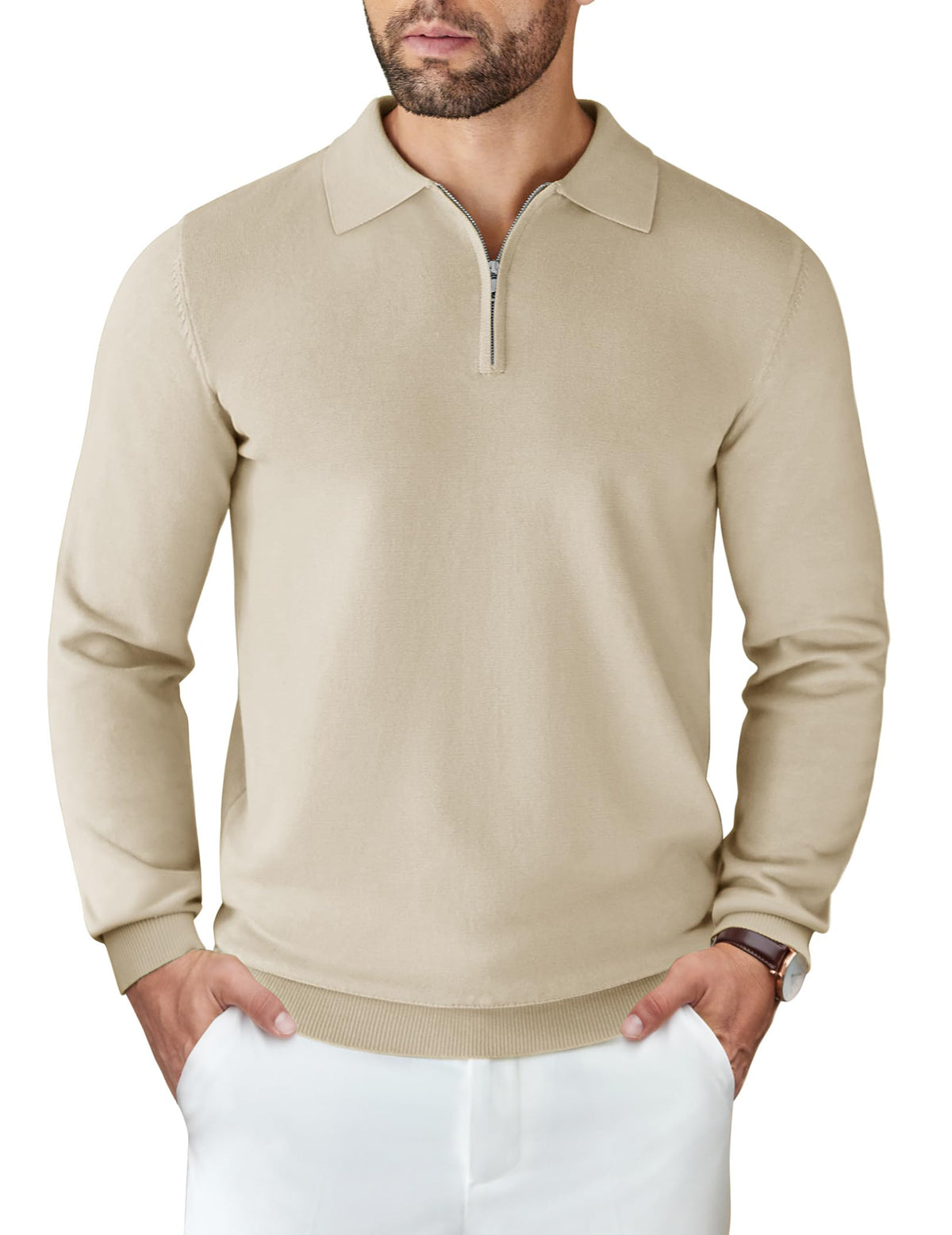 COOFANDY Mens Knit Polo Shirts Casual Long Sleeve Quarter Zip Polo Sweater Classic Golf Shirts, Beige, S