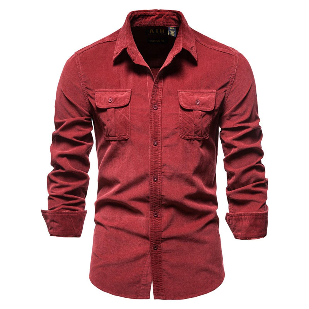HanzhuoLG Men's Corduroy Long Sleeve Shirt Casual Single Breasted Slim Lapel Shirt red XL
