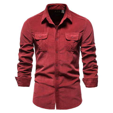 HanzhuoLG Men's Corduroy Long Sleeve Shirt Casual Single Breasted Slim Lapel Shirt red XL