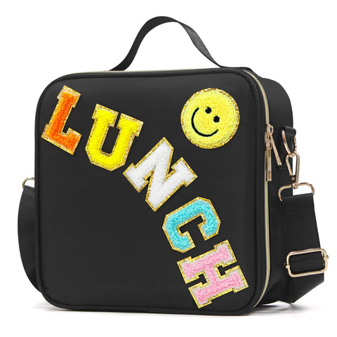 LOKFAR Insulated Lunch Bag Women Lunch Box Kids for Teen Girls Boys, Cute Preppy Lunch Boxes With Adjustable Shoulder Strap, Waterproof Nylon Lunchbox Lunch Bags for School Work Picnic (Black)