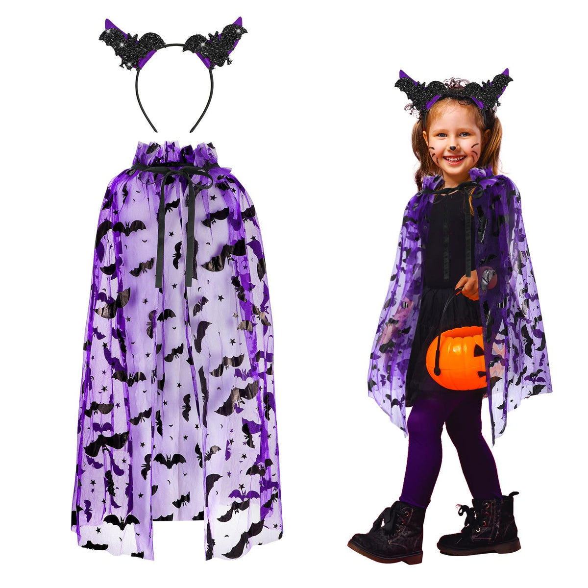 Hifot Bat Costume for Kids Girls 2PCS, Purple Bat Cape and Bat Headband Set Kids Bat Halloween Costumes Halloween Accessories for Halloween Cosplay Party Fancy Dress Carnival Role Play Photo Props