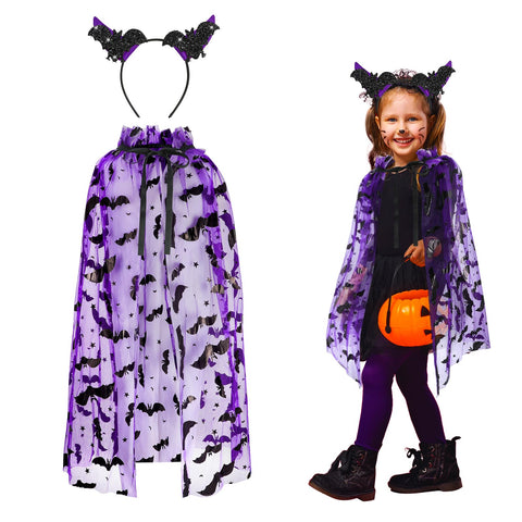Hifot Bat Costume for Kids Girls 2PCS, Purple Bat Cape and Bat Headband Set Kids Bat Halloween Costumes Halloween Accessories for Halloween Cosplay Party Fancy Dress Carnival Role Play Photo Props