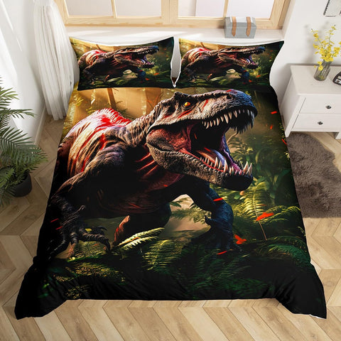 Erosebridal Kids Dinosaur Bed Set Toddler Dino Duvet Cover Twin Size for Girls Boys, Jungle Animal Bedding Set Tyrannosaurus Rex Comforter Cover, 3D Wildlife Bed Cover Gray 2pcs with 1 Pillow Case