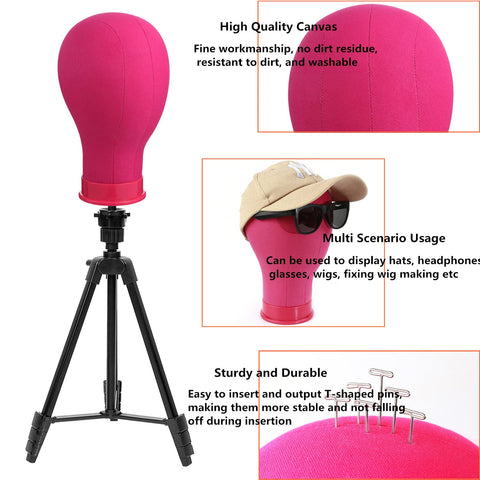 lucicass Wig Head 23 Inch Canvas Block Head Wig Stand with Mannequin Head 55" Wig Stand Tripod with Head Mannequin Head Stand with Head for Wigs Making Display(23Inch, Rose)