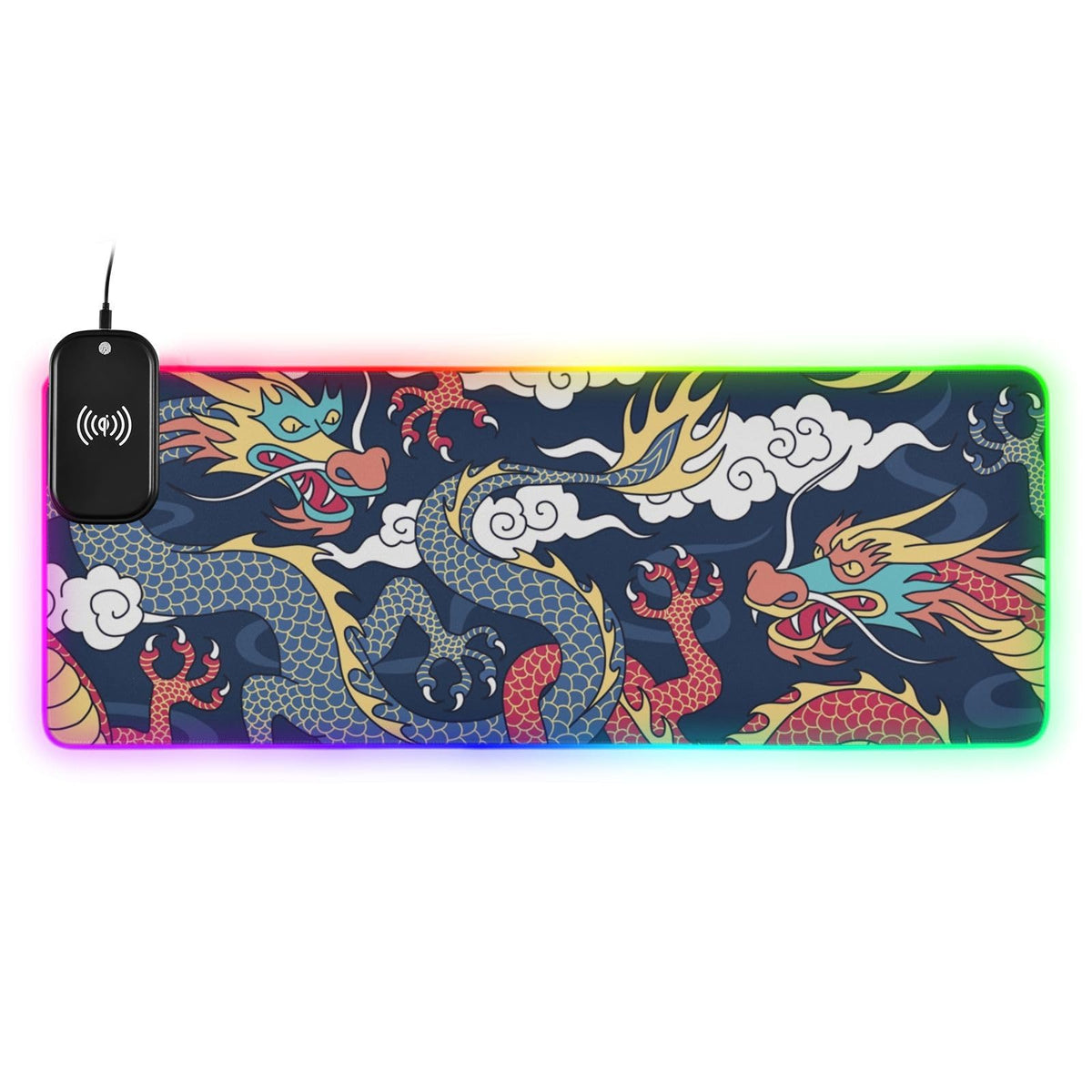 Blue Red Dragons Wireless Charging Mouse Pad for Mobile Phone Extra Large Gaming Mousepad with 13 Lighting Modes Keyboard Mat for MacBook PC Laptop Desk Office Home Gaming
